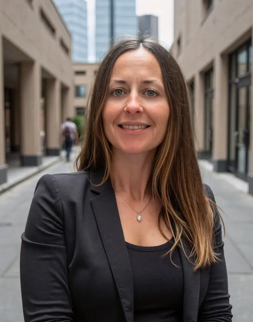 Confident woman in business attire smiles outdoors in an urban setting.